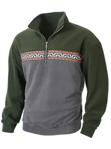 Detailansicht des Herren-Fleece-Sweatshirts mit halbem Reißverschluss in Grün und Grau