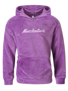 Detail view of purple fuzzy hoodie with Muscleattack embroidery and kangaroo pocket