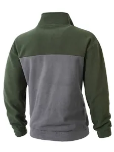 Rückansicht eines zweifarbigen Herren-Fleece-Sweatshirts mit Stehkragen in Grün und Grau