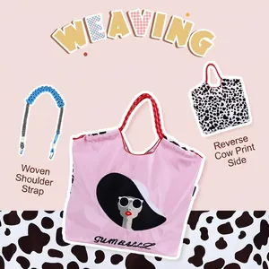 Grand sac cabas en nylon avec broderie portrait et motif vache réversible