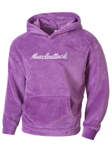 Premium purple fuzzy fleece hoodie for men with white Muscleattack script embroidery