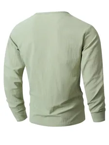 Back view of a breathable men's light green linen long-sleeve casual loose shirt