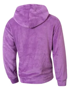 High-quality back view of a purple fuzzy warm fleece hoodie for men home loungewear.