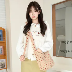Autumn winter plush beige crossbody bag with red floral pattern and large capacity