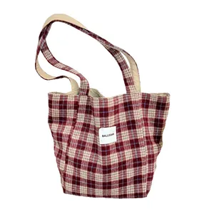 Sac cabas en laine à carreaux rouge pour femme élégant avec grande capacité