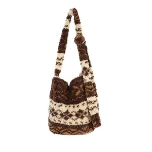 Cozy brown plush Fair Isle shoulder bag with adjustable strap for autumn winter