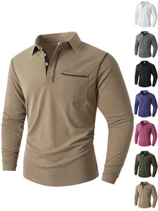 Polo Homme Manches Longues Surpiqûres Contrastées Color Block Top Avec Poche Poitrine Casual Sport T-Shirt à Revers