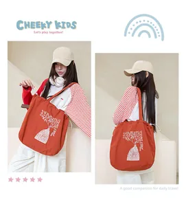 Stylish Japanese style embroidered orange drawstring tote bag for daily commute