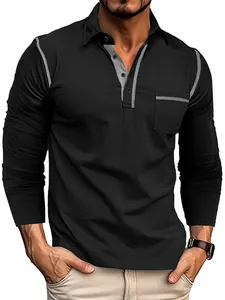 Polo noir à manches longues pour homme avec liserés gris contrastés et poche poitrine.