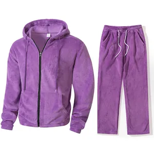 Detailed view of solid purple plush fleece tracksuit set with zip-up hoodie and matching pants