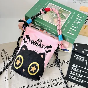 Cute cartoon cat print pink canvas bucket crossbody bag with colorful rope handle