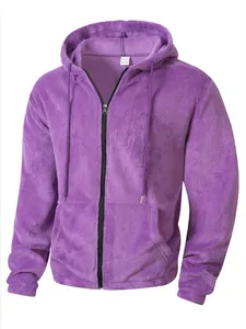 Detailed view of a soft purple fleece hooded jacket featuring zip closure and drawstrings.