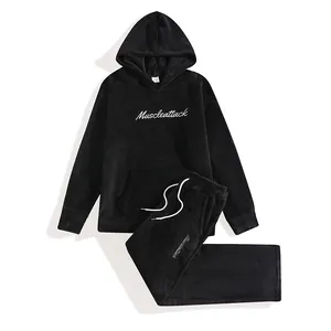 Men's warm black fuzzy fleece hoodie and pants lounge set with Muscleattack embroidery