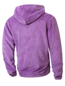 Back view detail of a premium purple plush fuzzy fleece hoodie showing soft warm texture