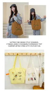 Detailed view of embroidered drawstring canvas tote bags with cute animal patterns