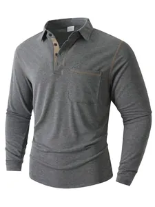 Graues Herren-Langarm-Poloshirt mit Kontrastnähten und Brusttasche