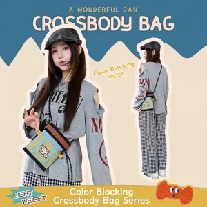 Damen Niedliche Nylon Farbblock Umhängetasche Handy Tasche Camping Stil Patchwork Kleine Schultertasche mit Netztasche Beutel