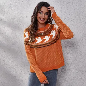 Women's orange Halloween knit sweater with ghost patterns and retro white polka dots