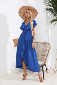 Blue ruffle V-neck maxi dress with wrap design and waist tie for women