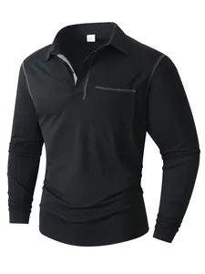 Klassisches schwarzes Langarm-Poloshirt für Herren mit Brusttasche und grauen Kontrastnähten