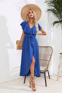 Elegant royal blue ruffle V-neck sleeveless wrap maxi dress for summer resort style