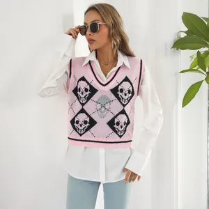 Stylish pink Y2K sleeveless knitted sweater vest with skull and argyle pattern design