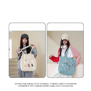 Fashionable Japanese style drawstring tote bag featuring exquisite cat embroidery