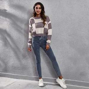 Full-body shot of a stylish purple and white checkered cropped knit sweater for women