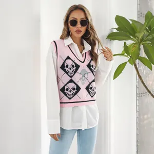 Professional detail view of a pink Y2K skull argyle knit vest on a female model