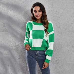 Stylish green and white checkerboard cropped sweater for women with drop shoulders