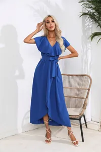 Elegant blue ruffle V-neck sleeveless wrap maxi dress with waist tie for women.