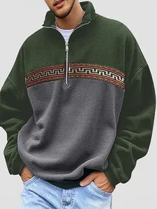 Heren fleece sweatshirt met halve rits en geometrisch kleurblok- en patchwork-design