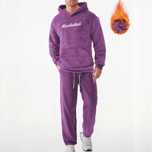 Men's purple fleece tracksuit with hoodie and warm plush lining for winter season