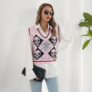 Stylish pink Y2K argyle knitted vest with skull jacquard pattern and V-neckline
