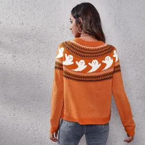 Detailed back view of an orange Halloween knitted sweater with white ghost pattern