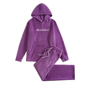 Comfortable purple fuzzy fleece men's tracksuit set with Muscleattack embroidery detail
