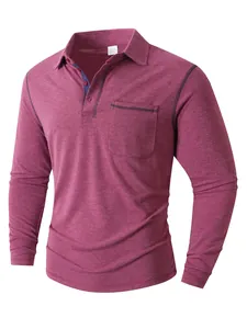 Lässiges Langarm-Poloshirt für Herren in meliertem Burgund mit Brusttaschendetail