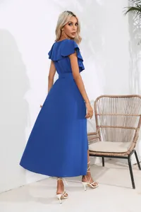 Elegant royal blue sleeveless maxi dress with ruffles and V-neck back view for women