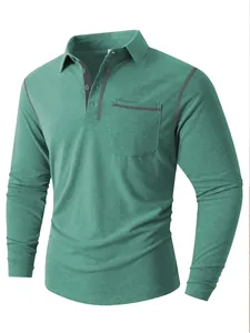 Herren Langarm-Poloshirt in Petrol mit grauen Kontrastnähten und einer Brusttasche