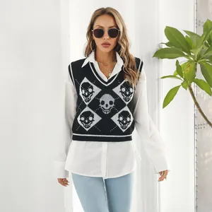 Detail shot of a Y2K aesthetic skull and argyle pattern knitted sweater vest for women