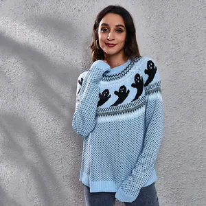 Cozy light blue Halloween sweater featuring black ghost patterns and knit textures