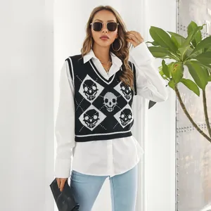 Close-up detail showing the Y2K Halloween skull pattern argyle knitted vest for women