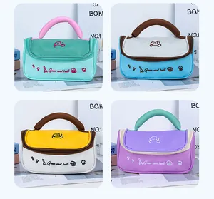 Four color options of a high-capacity portable storage bag for stationery or travel