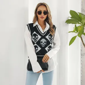 Model wearing Y2K Halloween skull jacquard argyle sweater vest with white shirt