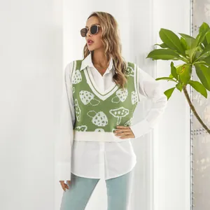 Chaleco de punto verde estilo preppy para mujer con bonitos motivos de setas jacquard.