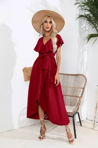 Elegant wine red ruffle V-neck sleeveless wrap maxi dress with waist tie for women fashion