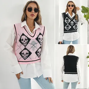 Women Y2K Skull Argyle Jacquard Knit Vest V Neck Sleeveless Sweater Vest Gothic Punk Streetwear Halloween Autumn Top
