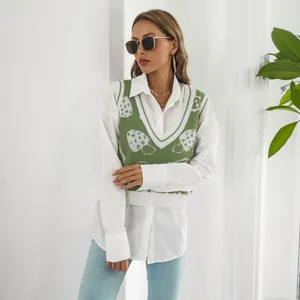 Chaleco de punto verde con cuello en V y bonito estampado jacquard de setas blancas mujer