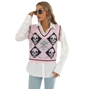 Stylish Y2K pink knitted vest featuring skull argyle jacquard and a classic V-neck.