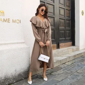 Elegant brown ruffle V-neck long sleeve wrap dress with split hem maxi skirt details